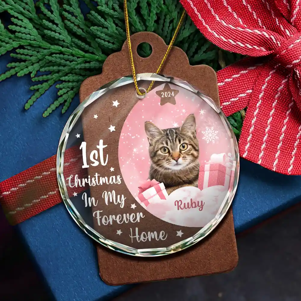 Custom Photo Dog Cat 1st Christmas In My Forever Home - Personalized Circle Glass Ornament - Image 7