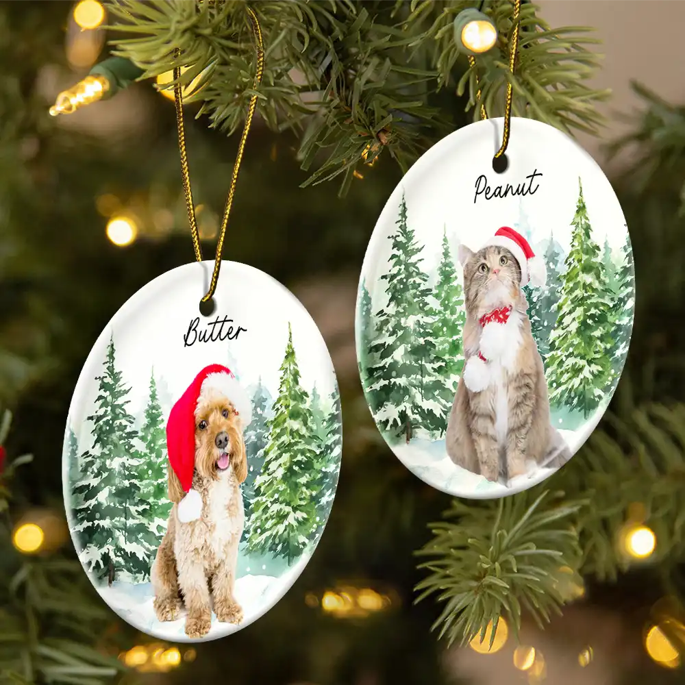 Custom Photo Dog Cat Christmas - Personalized Circle Ceramic Ornament - Image 3