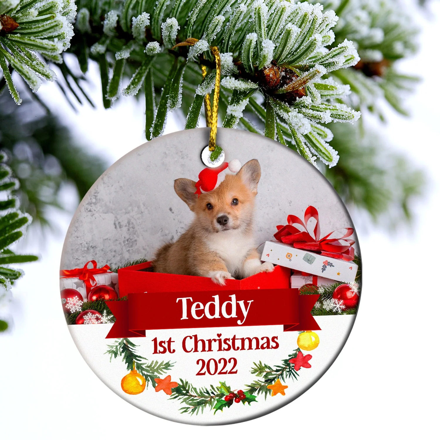 Custom Photo Dog Cat First Christmas - Christmas Gift For Pet Lovers - Personalized Custom Circle Ceramic Ornament - Image 3