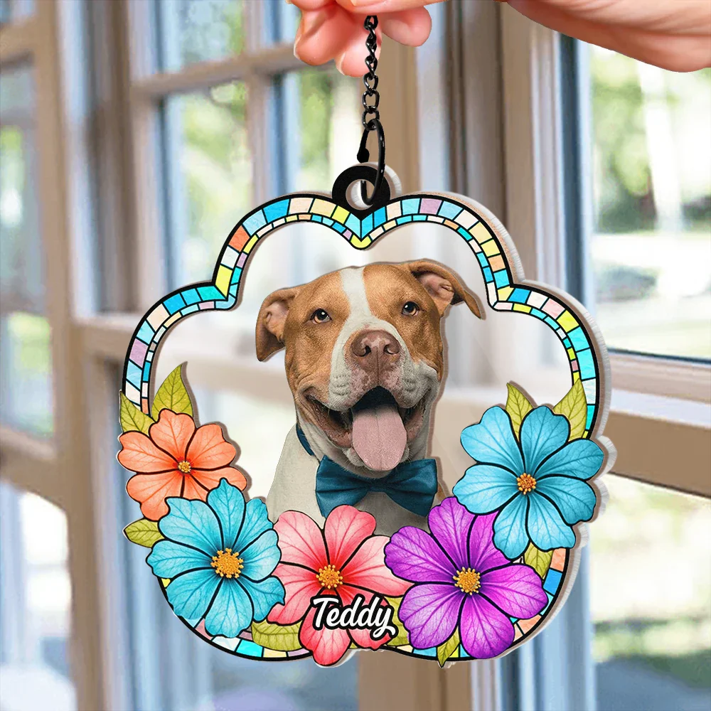 Custom Photo Dog Cat Floral Stained Glass - Personalized Window Hanging Suncatcher Ornament - Image 3