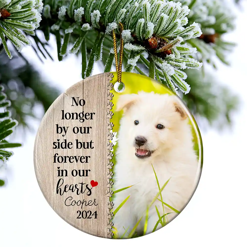 Custom Photo Dog Cat Forever In Our Hearts - Christmas Memorial Gift - Personalized Custom Circle Ceramic Ornament - Image 4