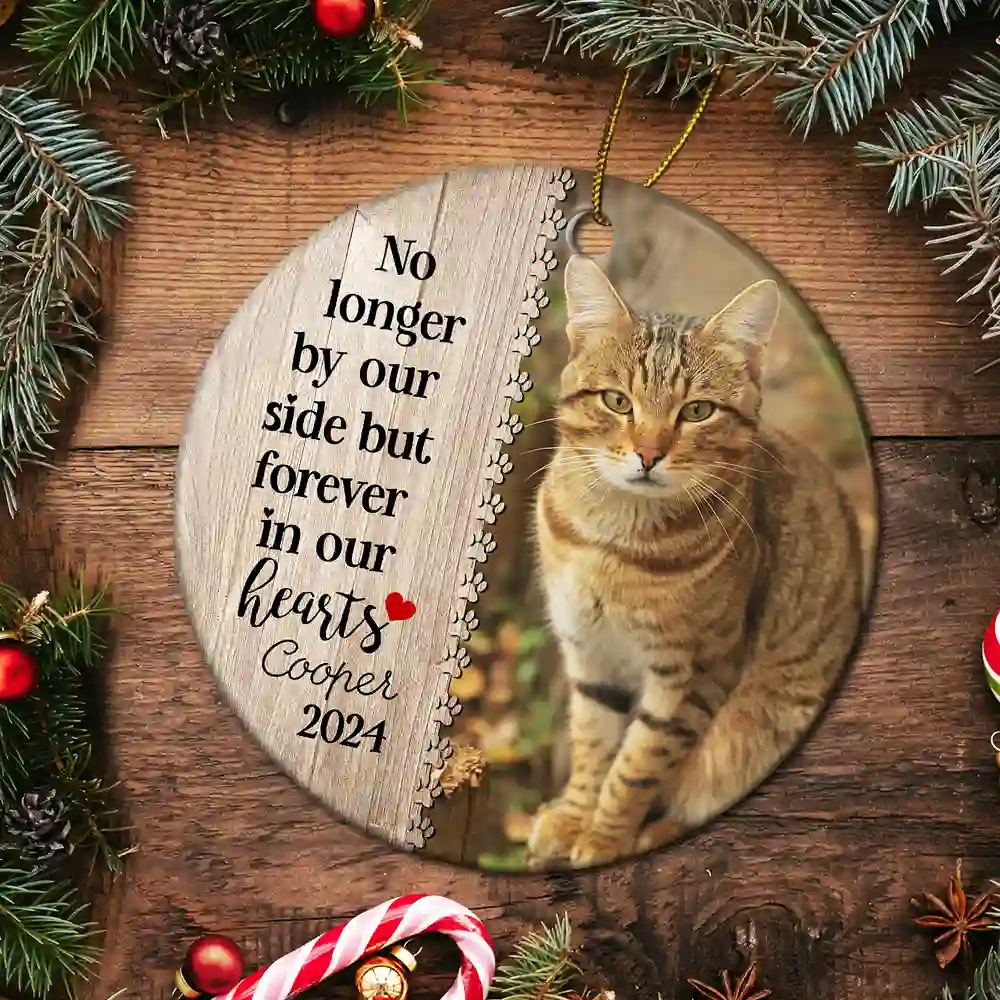 Custom Photo Dog Cat Forever In Our Hearts - Christmas Memorial Gift - Personalized Custom Circle Ceramic Ornament - Image 5