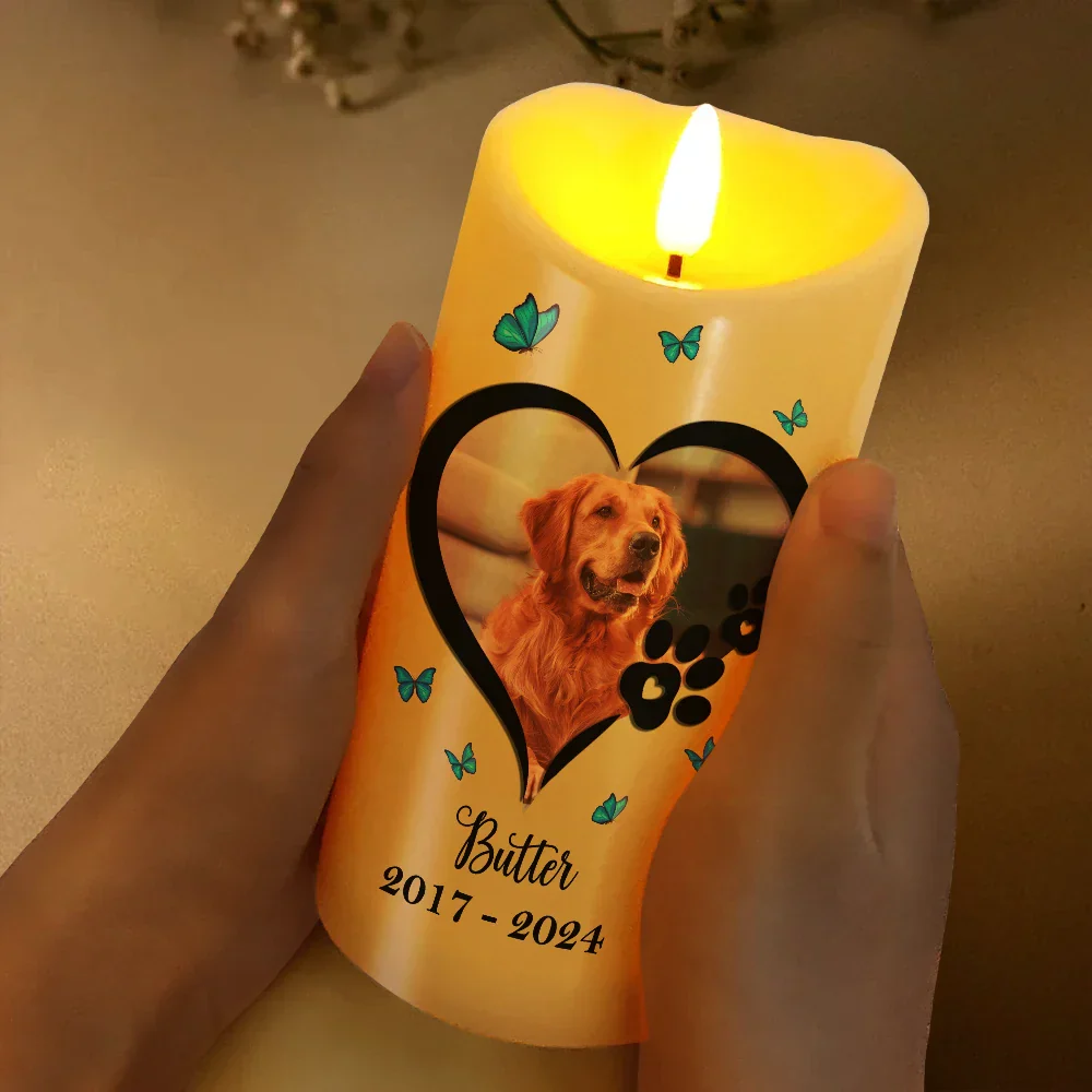 Custom Photo Dog Cat Memorial The Biggest Footprints In Our Hearts - Personalized Flameless LED Candle - Image 3