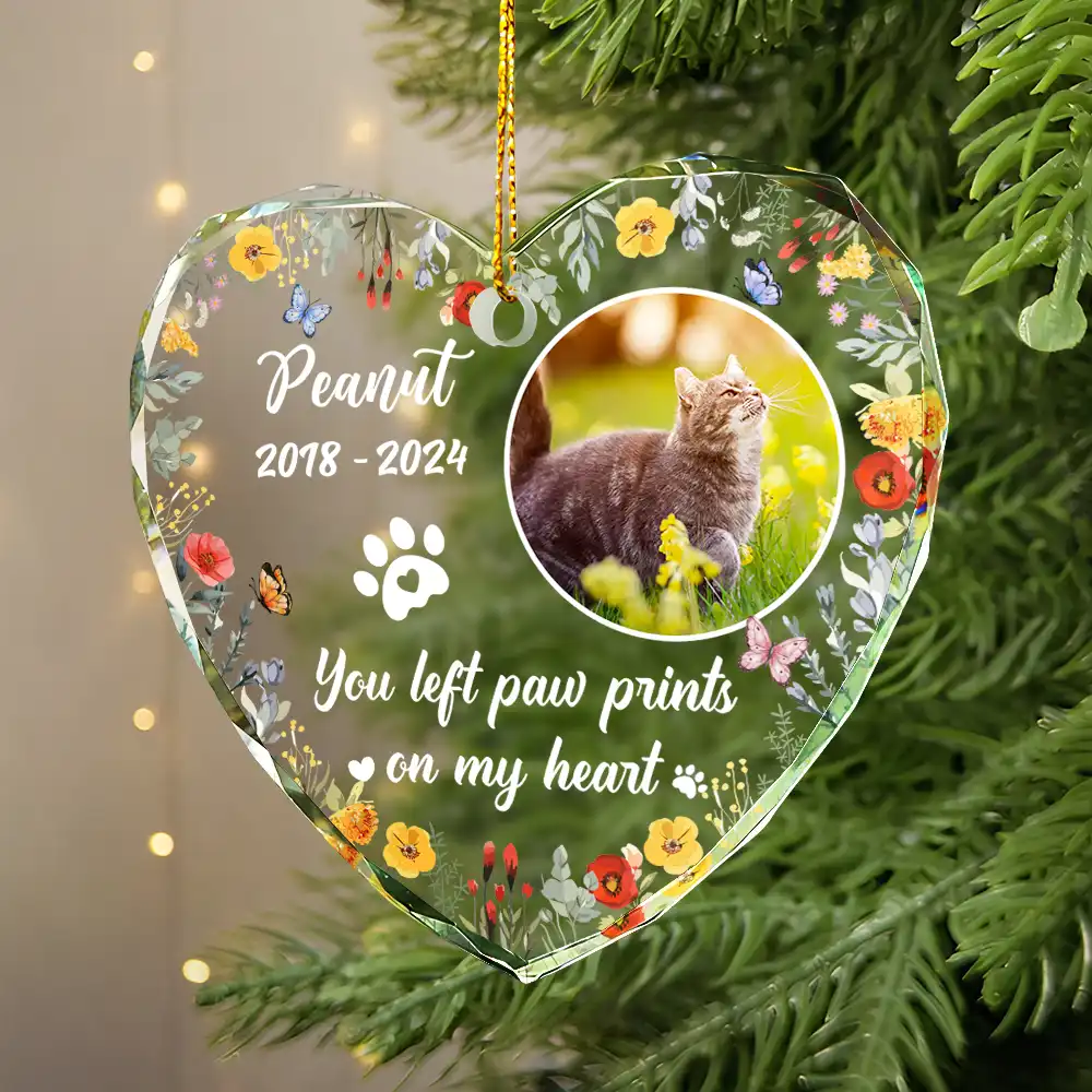Custom Photo Dog Cat Memorial You Left Paw Prints On My Heart - Personalized Heart Shaped Glass Ornament - Image 2