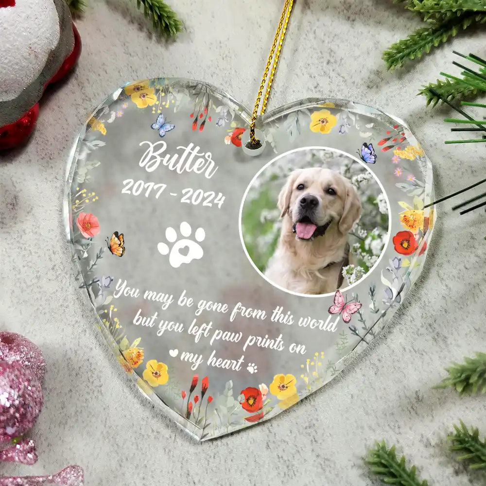 Custom Photo Dog Cat Memorial You Left Paw Prints On My Heart - Personalized Heart Shaped Glass Ornament - Image 4