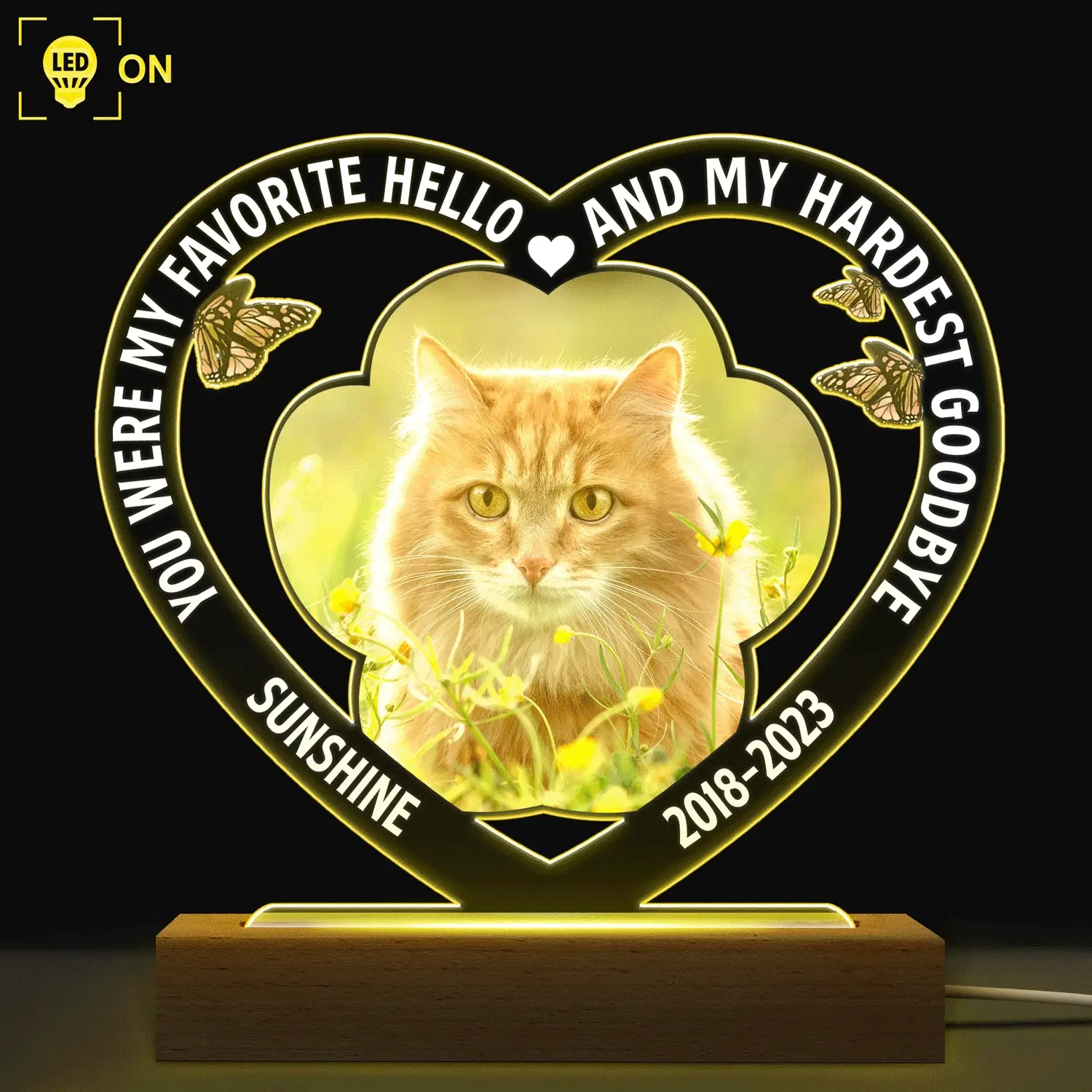 Custom Photo Dog Cat My Favorite Hello & Hardest Goodbye - Pet Memorial Gift, Sympathy Gift - Personalized 3D Led Light Wooden Base - Image 2