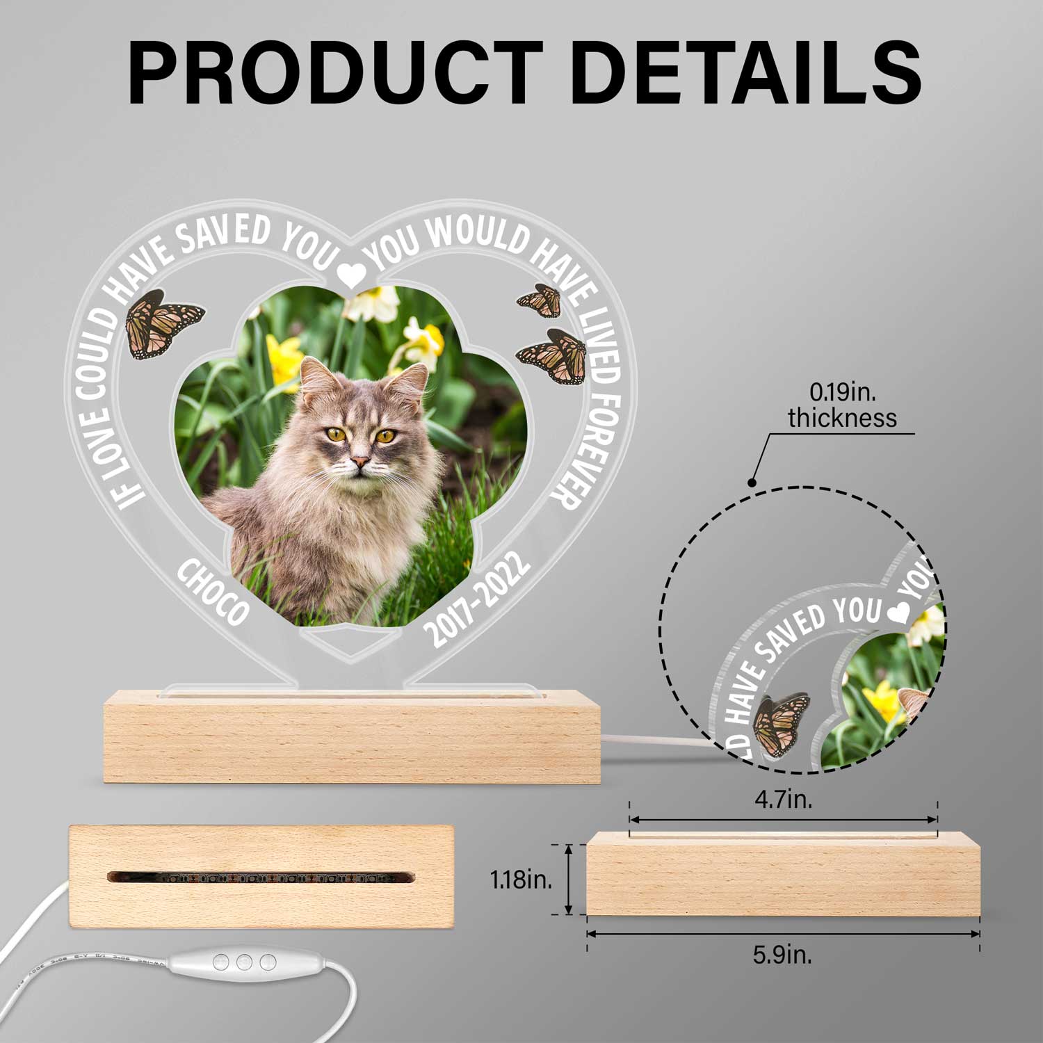 Custom Photo Dog Cat My Favorite Hello & Hardest Goodbye - Pet Memorial Gift, Sympathy Gift - Personalized 3D Led Light Wooden Base - Image 5