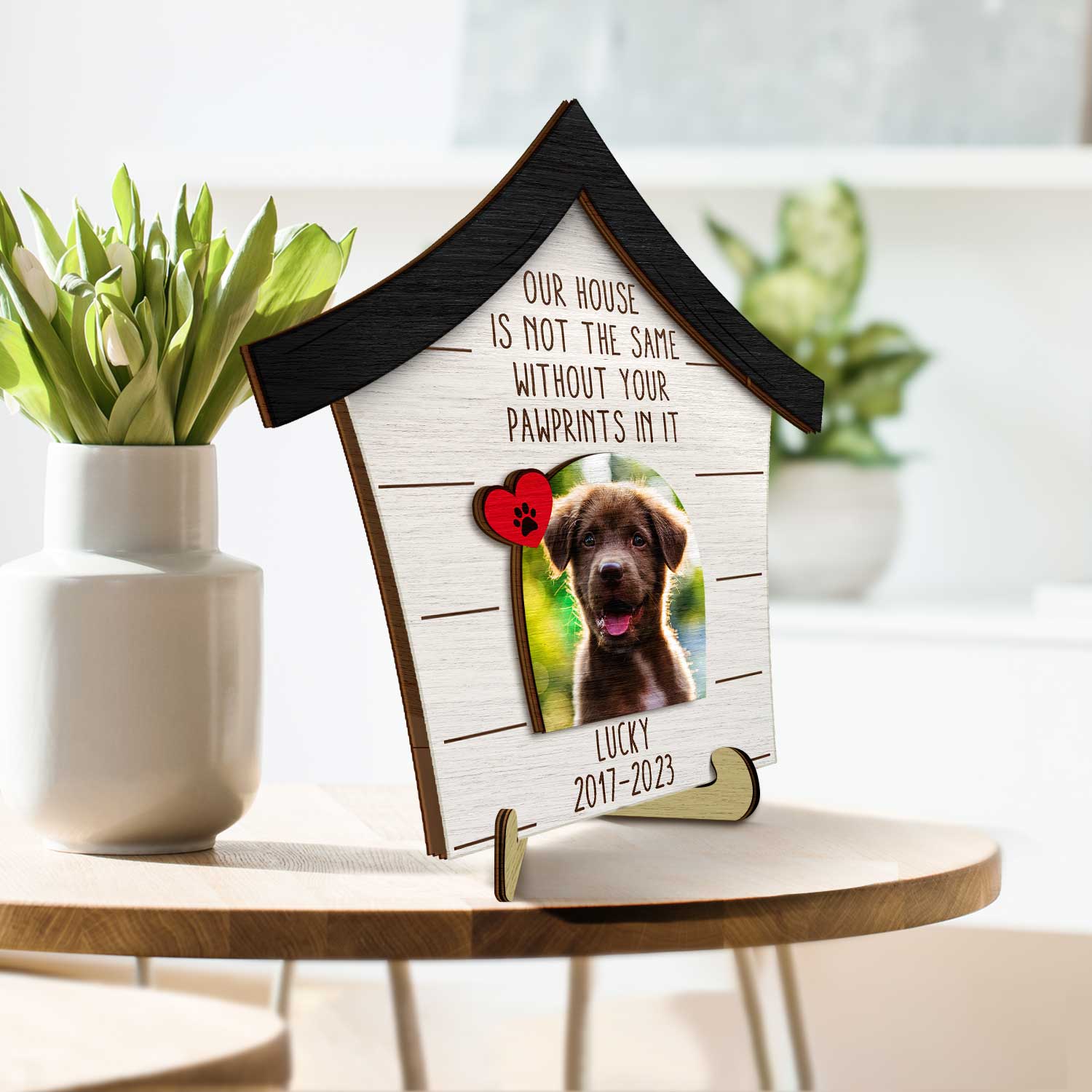 Custom Photo Dog Cat Our House Is Not The Same Without Your Pawprints - Pet Memorial Gift - Personalized 2-Layered Wooden Plaque With Stand - Image 3