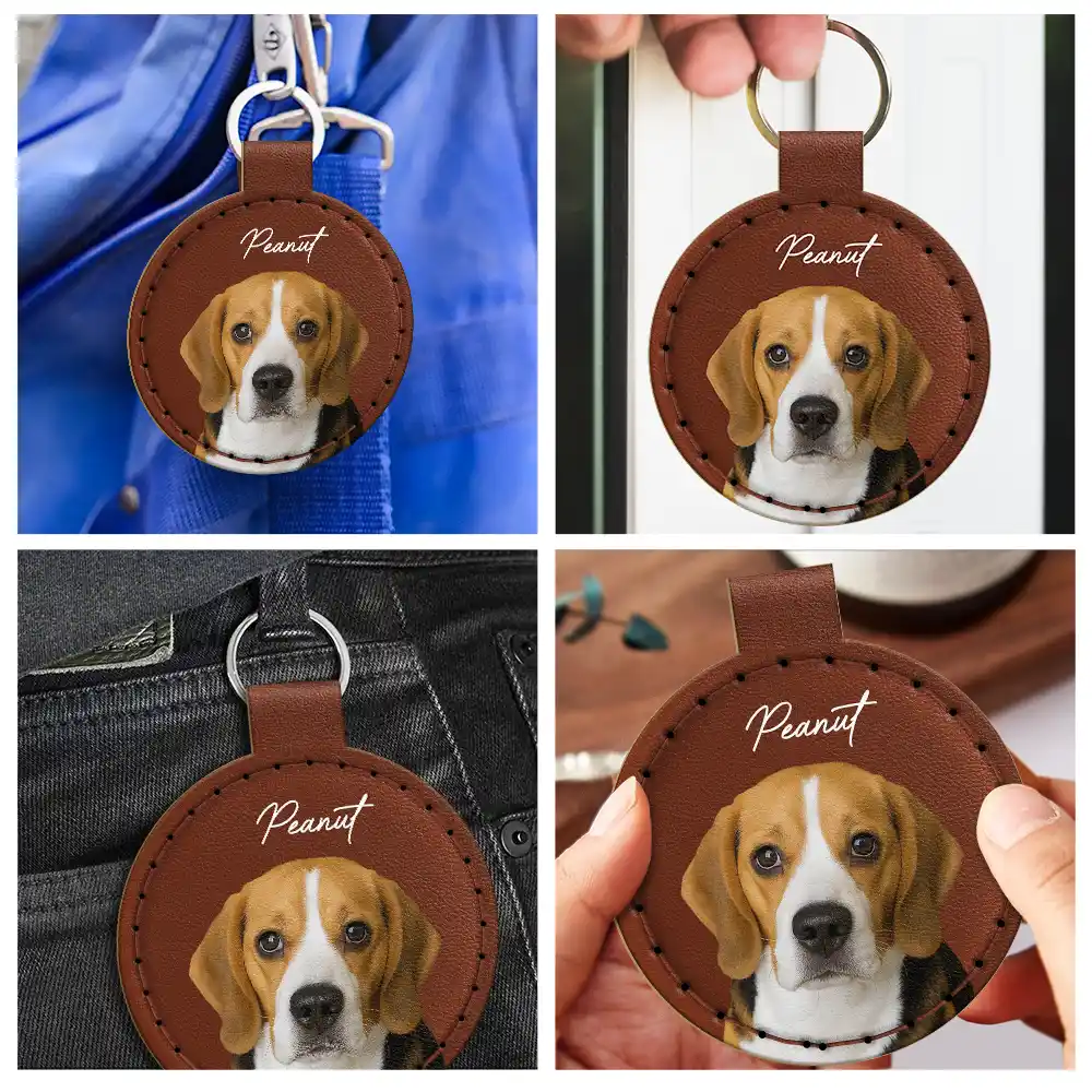 Custom Photo Dog Cat Pet Portrait - Personalized Custom Shaped Leather Keychain With Stitching - Image 7