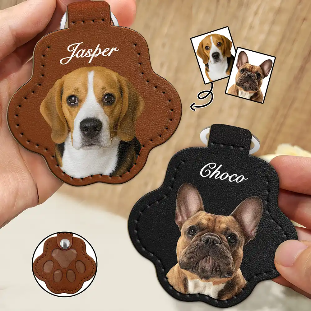 Custom Photo Dog Cat Pet Portrait - Personalized Paw Shaped Leather Keychain With Stitching - Image 3