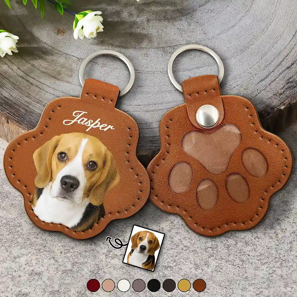 Custom Photo Dog Cat Pet Portrait - Personalized Paw Shaped Leather Keychain With Stitching - Image 4