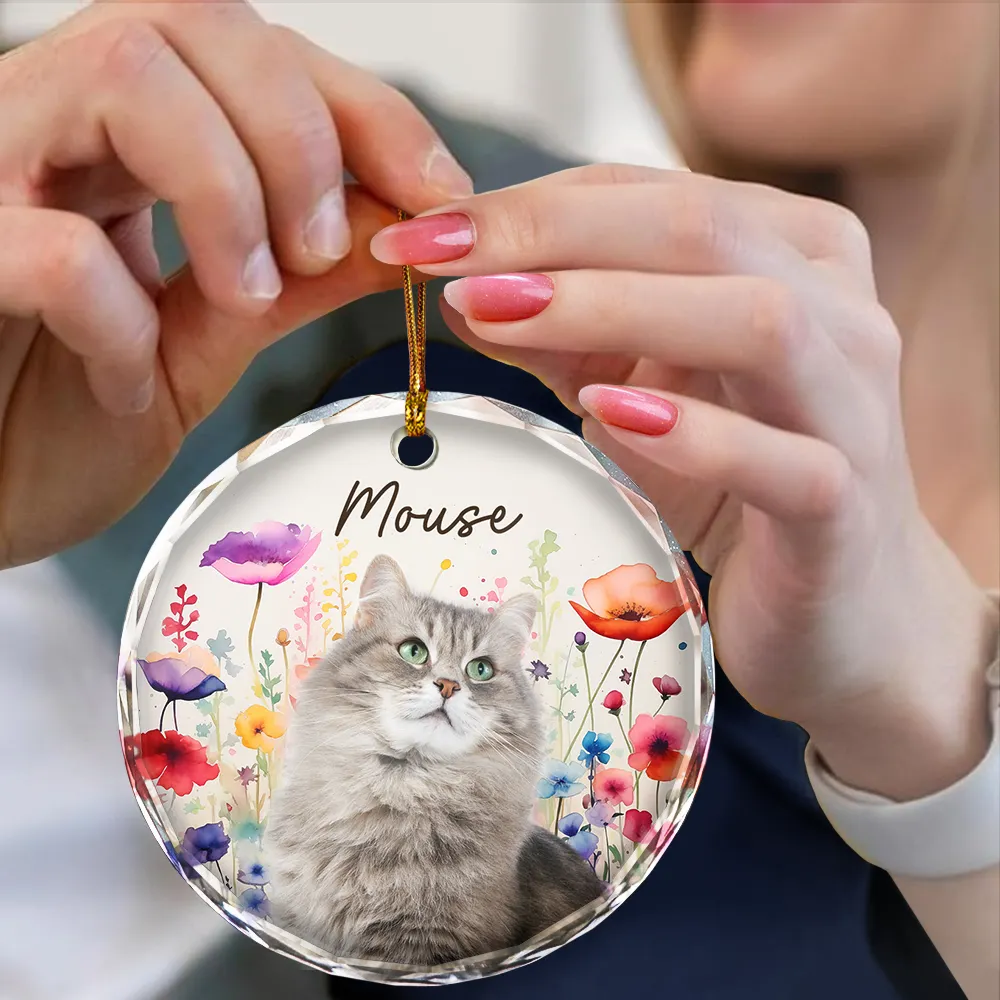 Custom Photo Dog Cat Pet Watercolor Wildflowers - Personalized Circle Glass Ornament - Image 5
