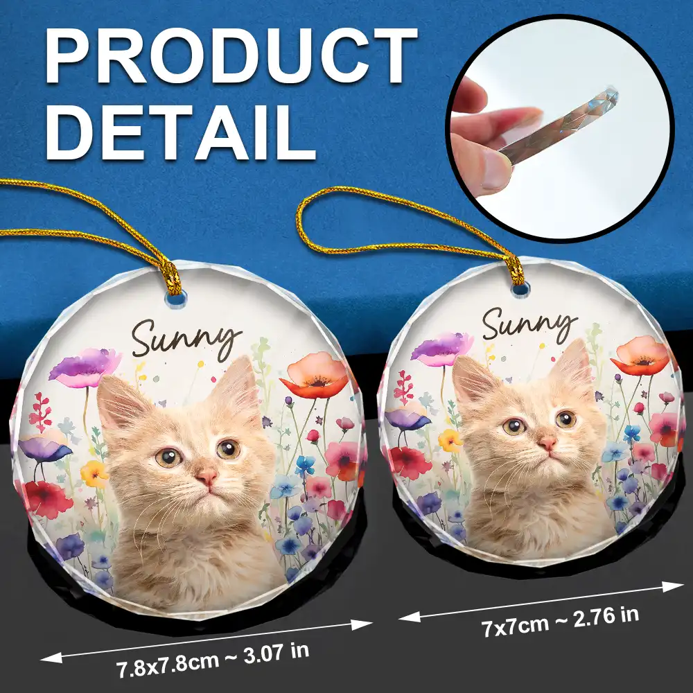 Custom Photo Dog Cat Pet Watercolor Wildflowers - Personalized Circle Glass Ornament - Image 7