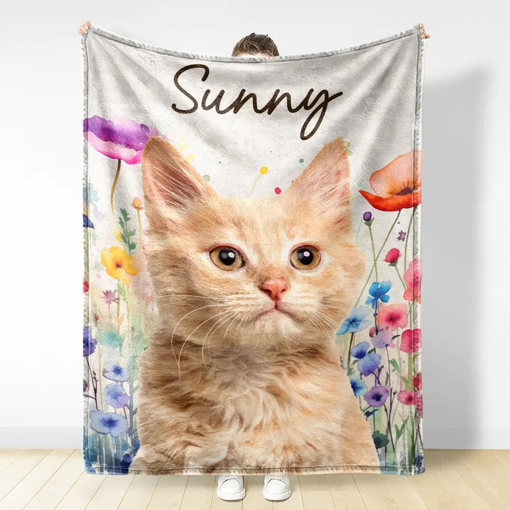 Custom Photo Dog Cat Pet Watercolor Wildflowers - Personalized Fleece Blanket, Sherpa Blanket - Image 4