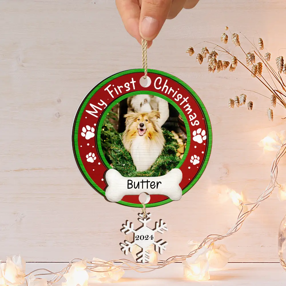 Custom Photo Dog Cat Pet's First Christmas - Personalized Mix Ornament With Wooden Tag - Image 2