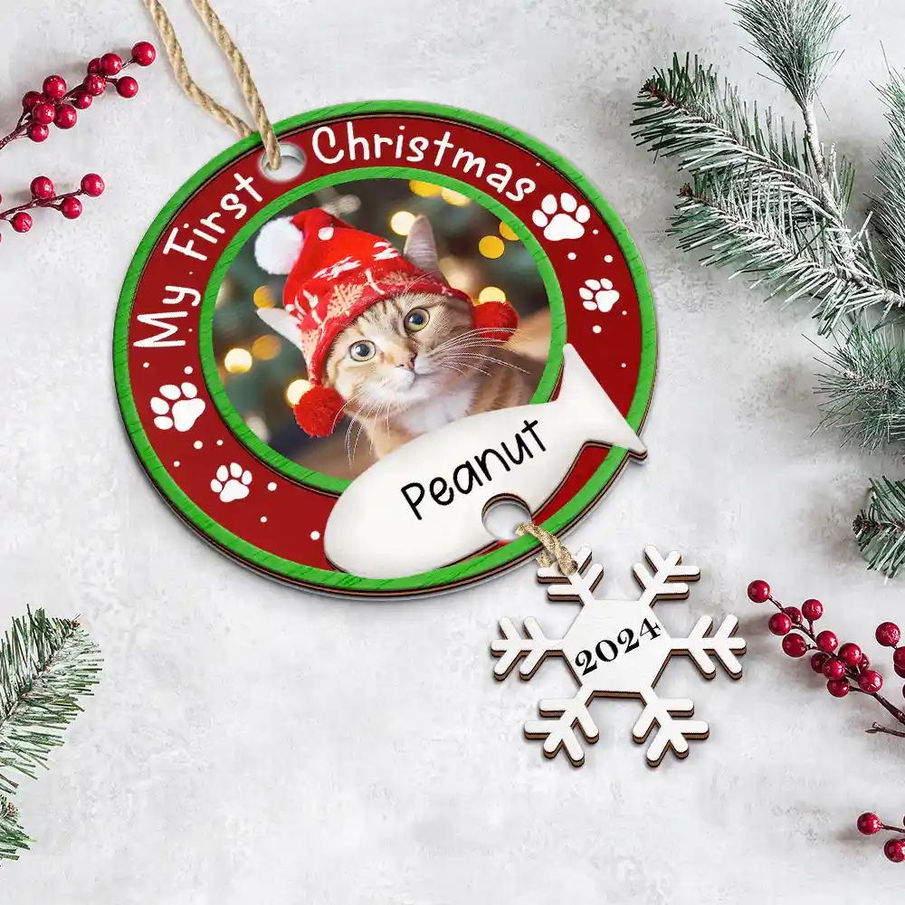 Custom Photo Dog Cat Pet's First Christmas - Personalized Mix Ornament With Wooden Tag - Image 3