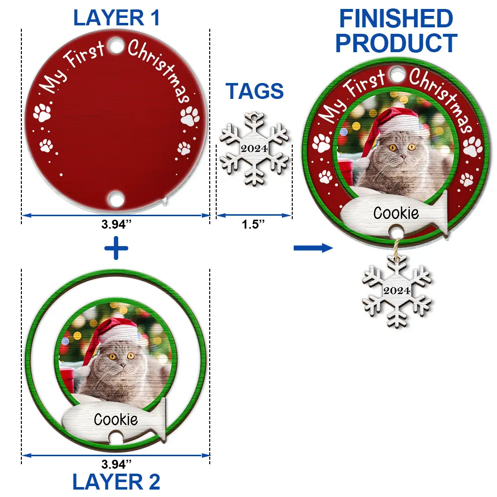 Custom Photo Dog Cat Pet's First Christmas - Personalized Mix Ornament With Wooden Tag - Image 5