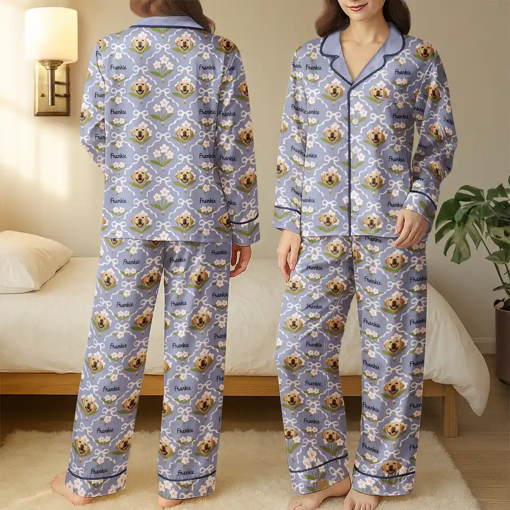 Custom Photo Dog & Cat Portrait Cute Version - Personalized Satin Pajama Set - Image 4