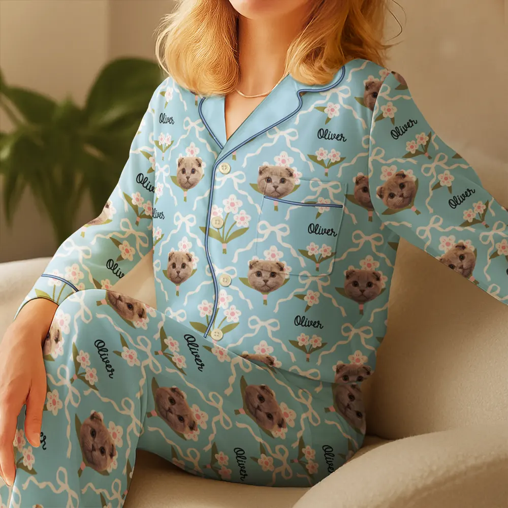 Custom Photo Dog & Cat Portrait Cute Version - Personalized Satin Pajama Set - Image 5