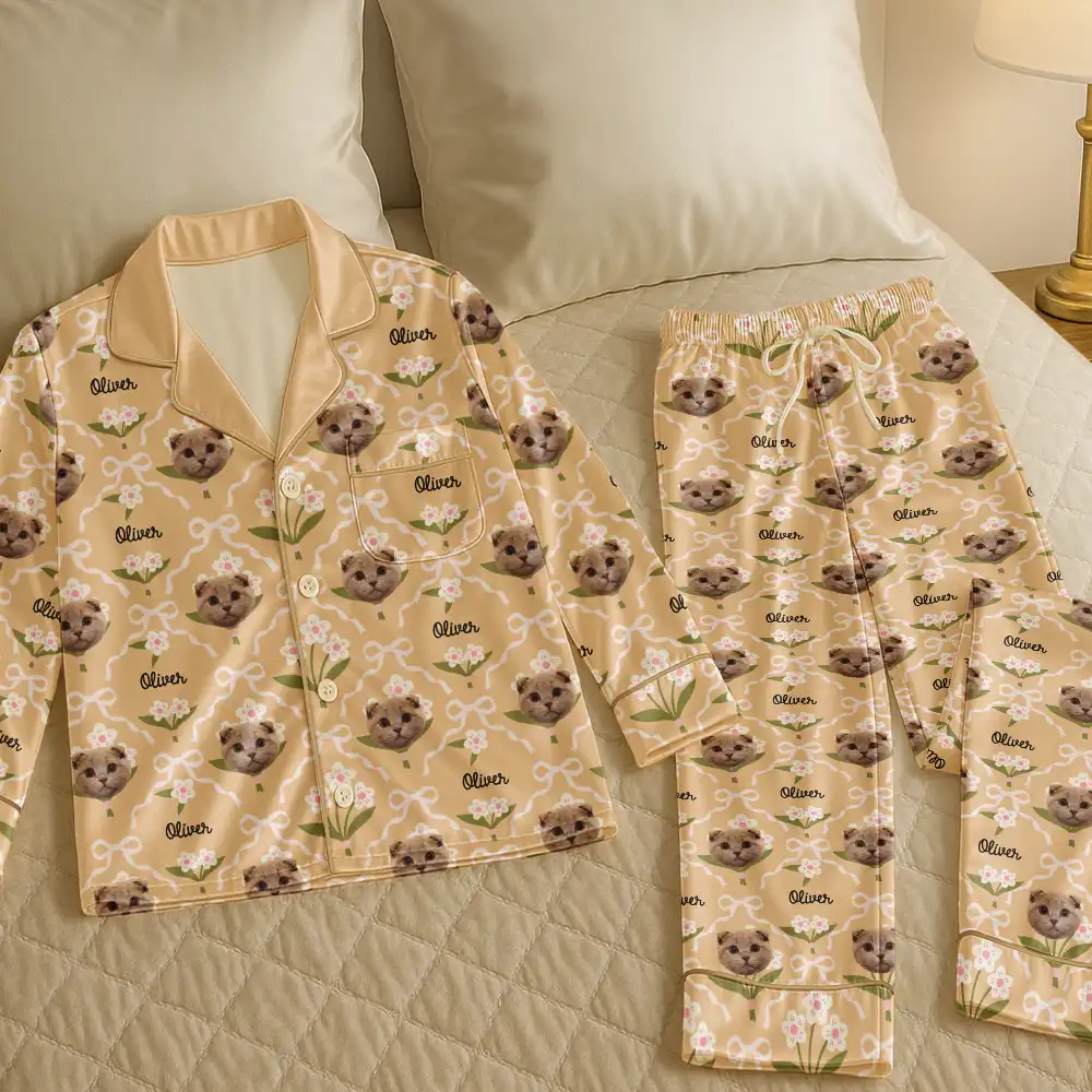 Custom Photo Dog & Cat Portrait Cute Version - Personalized Satin Pajama Set - Image 6
