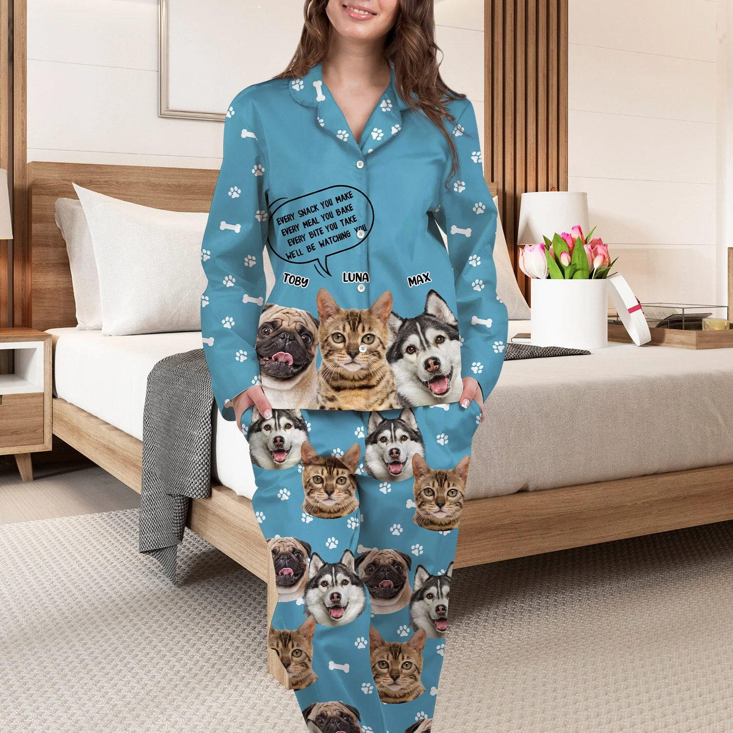 Custom Photo Dog Cat Watching You - Gift For Pet Lovers - Personalized Long Pajamas Set - Image 4