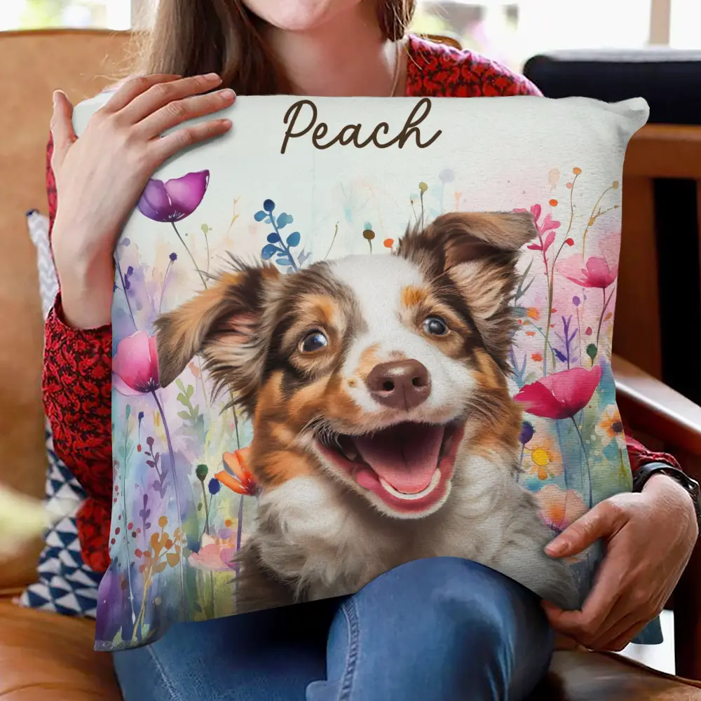 Custom Photo Dog Cat Watercolor Wildflowers - Personalized Pillow - Image 3