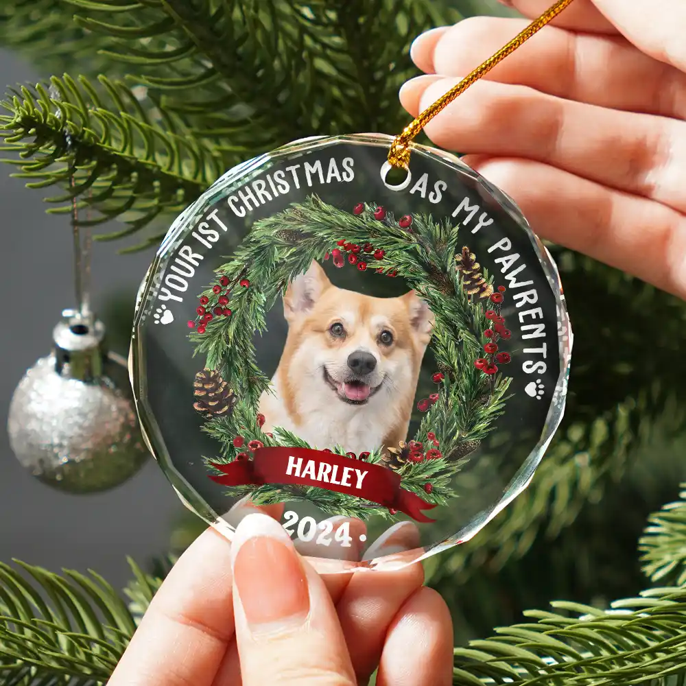 Custom Photo Dog Cat Your First Christmas As My Pawrents - Personalized Circle Glass Ornament - Image 3