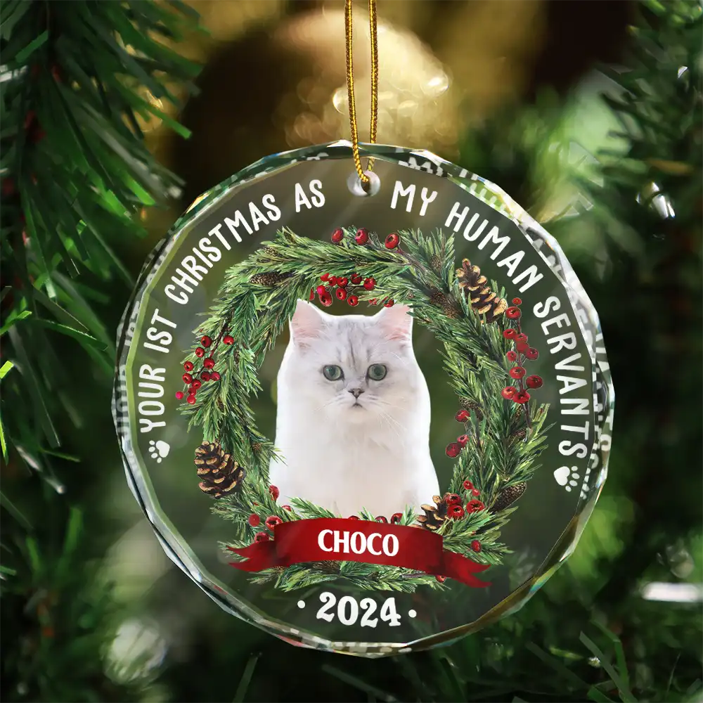 Custom Photo Dog Cat Your First Christmas As My Pawrents - Personalized Circle Glass Ornament - Image 4