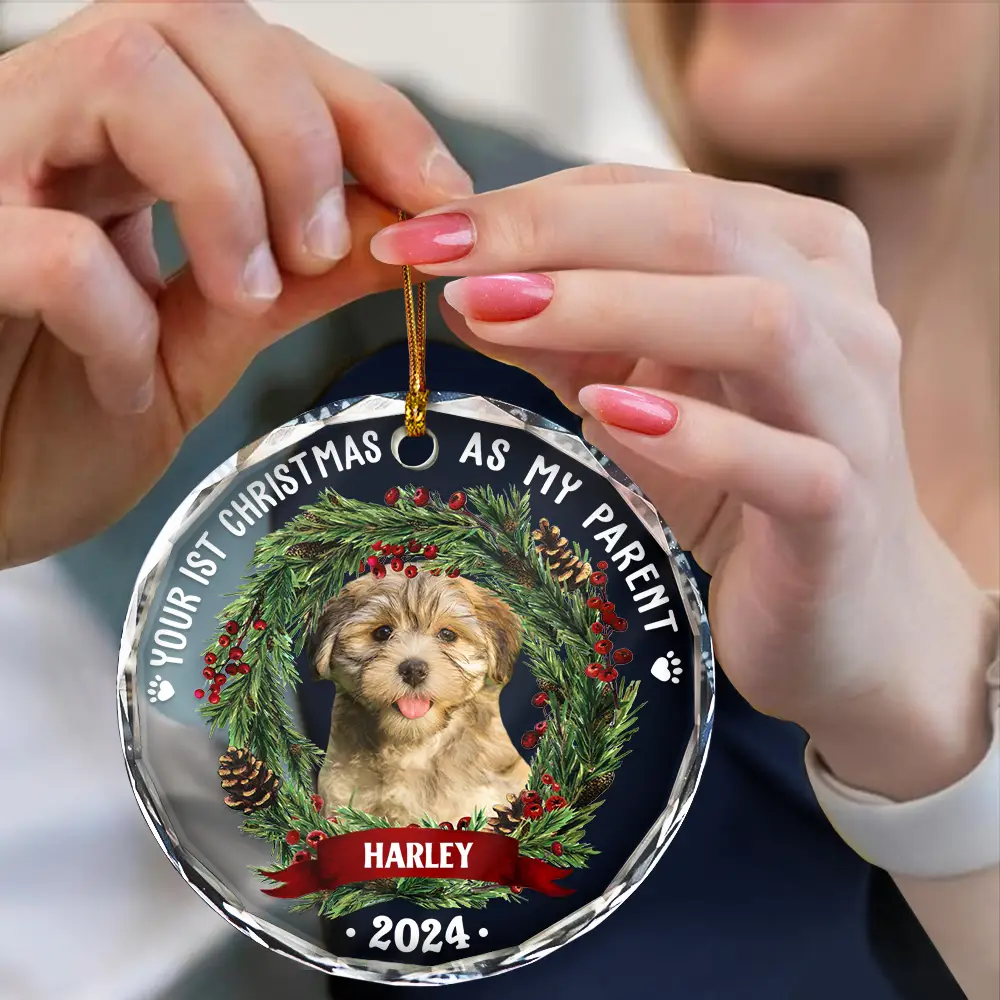 Custom Photo Dog Cat Your First Christmas As My Pawrents - Personalized Circle Glass Ornament - Image 5