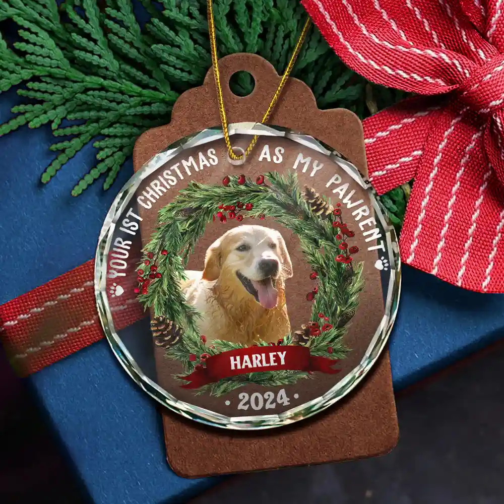 Custom Photo Dog Cat Your First Christmas As My Pawrents - Personalized Circle Glass Ornament - Image 6