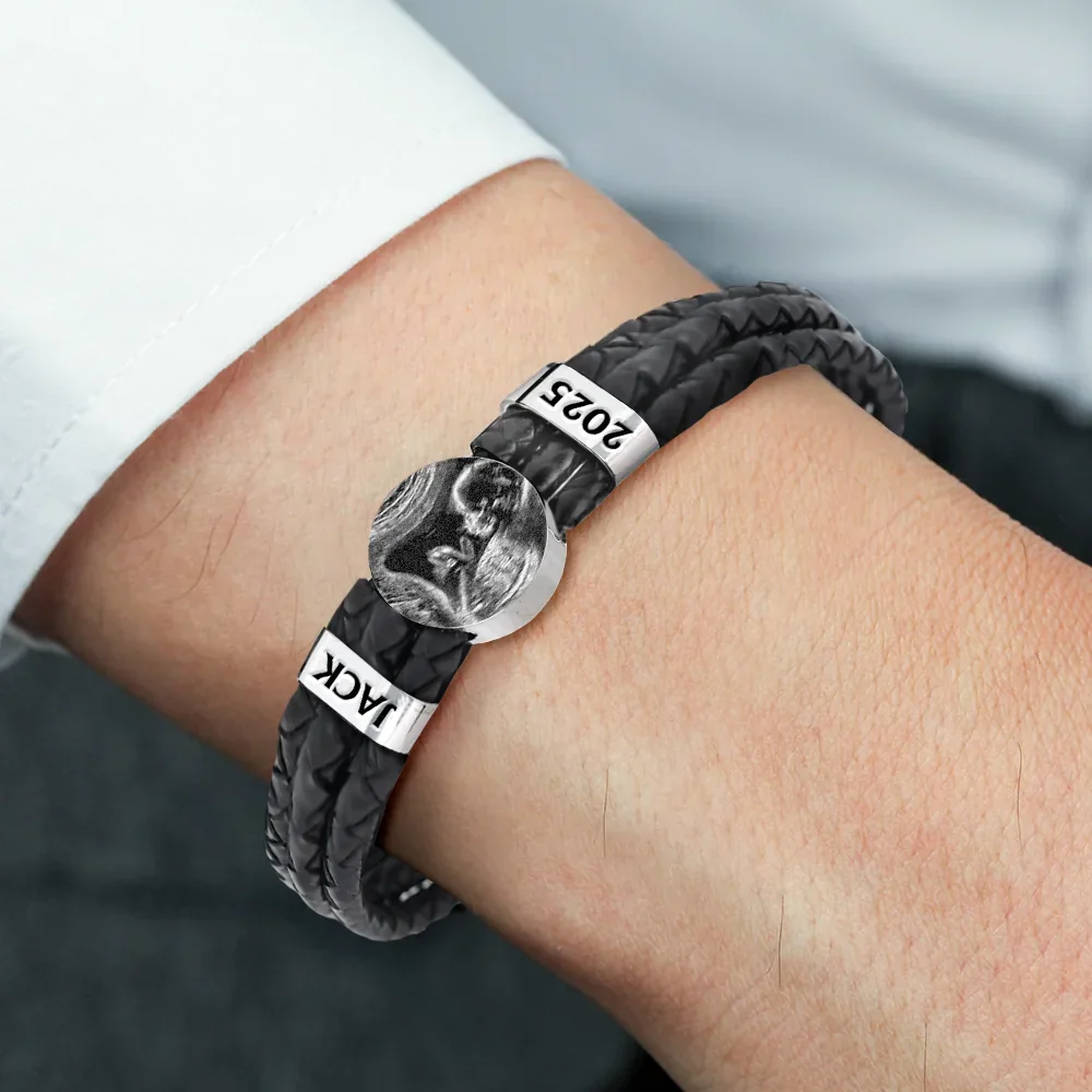 Custom Photo Expecting Dad Mom New Parents - Personalized Leather Braided Bracelet - Image 2