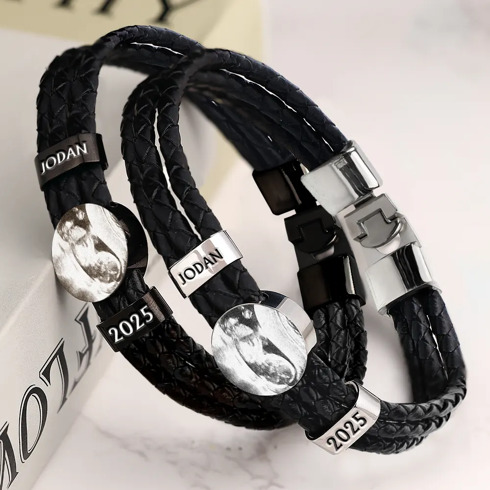 Custom Photo Expecting Dad Mom New Parents - Personalized Leather Braided Bracelet - Image 3