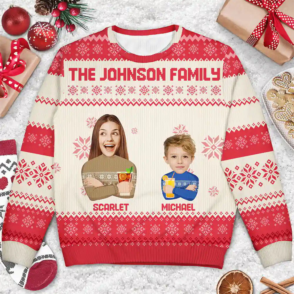 Custom Photo Face Flat Art Christmas Family - Personalized Unisex Ugly Sweater - Image 4