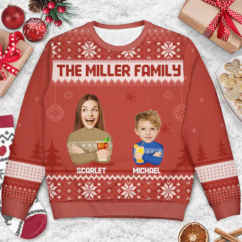 Custom Photo Face Flat Art Christmas Family Version 2 - Personalized Unisex Ugly Sweater - Image 4