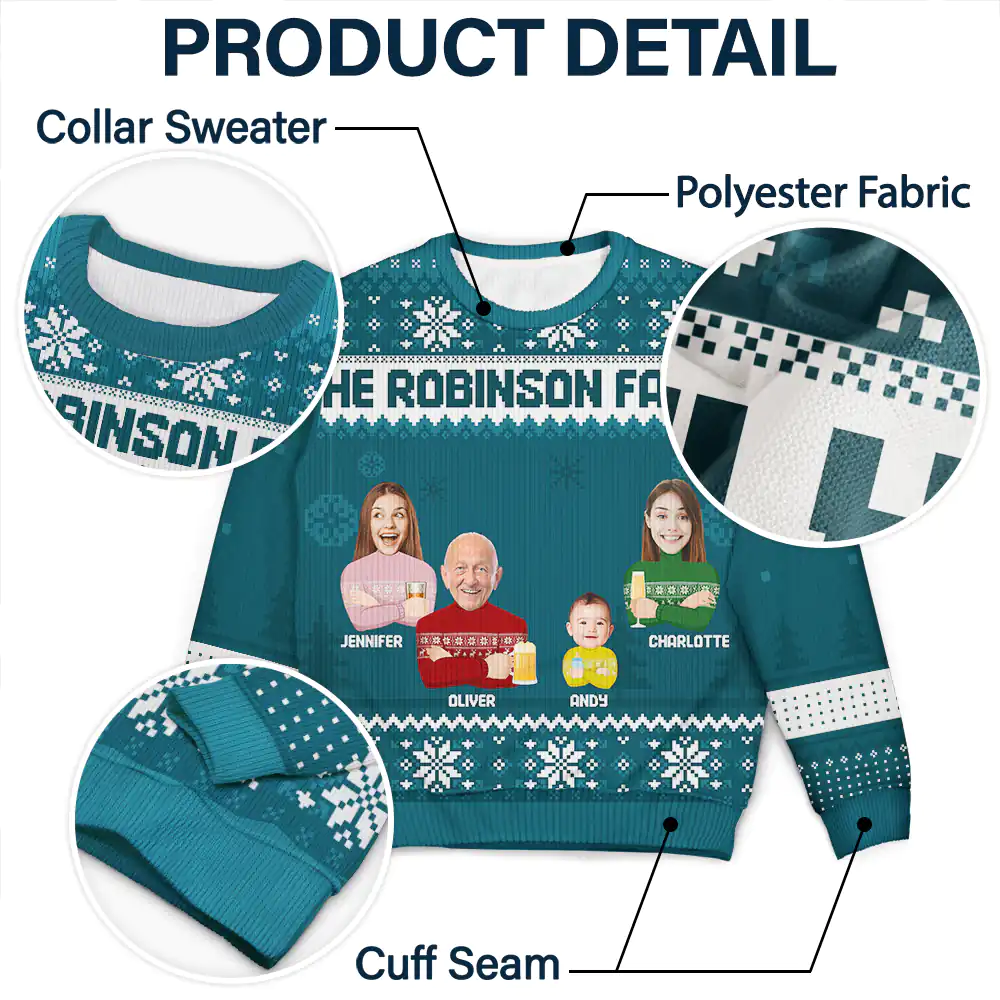 Custom Photo Face Flat Art Christmas Family Version 2 - Personalized Unisex Ugly Sweater - Image 7