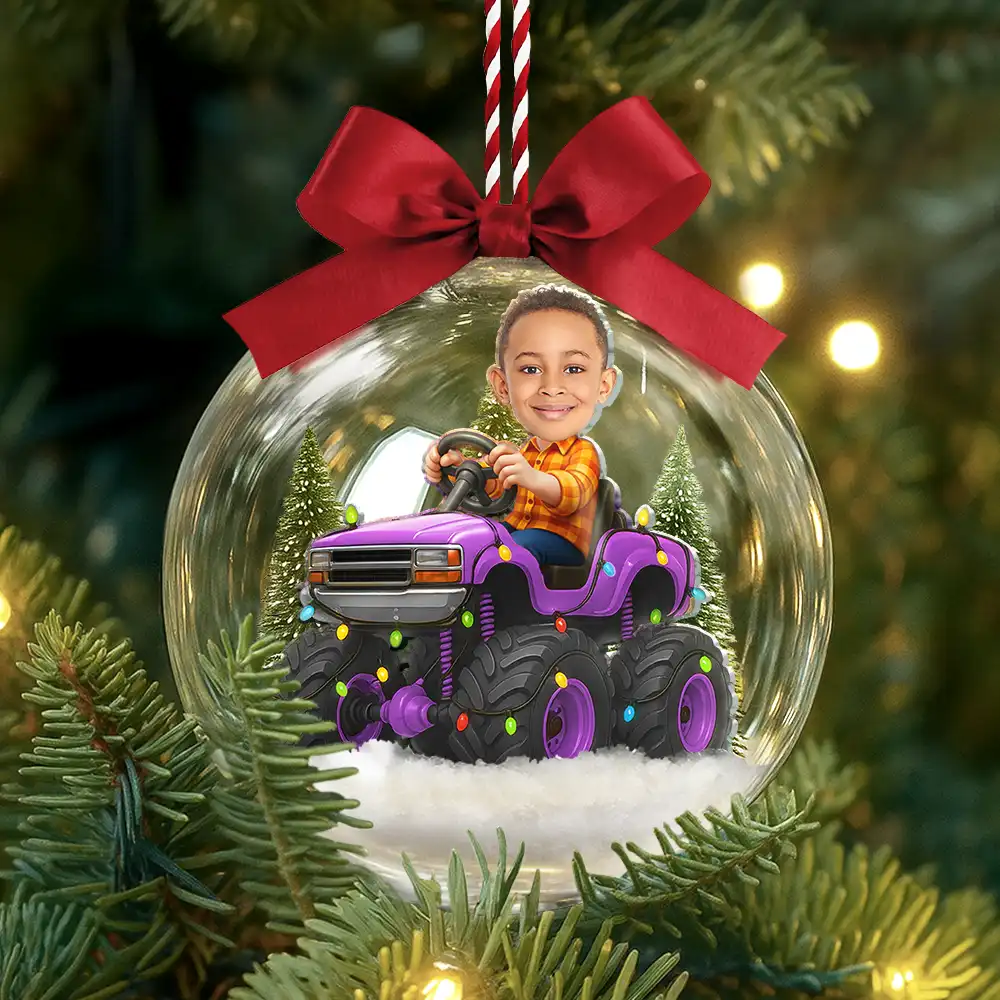 Custom Photo Face Kid Riding Monster Truck - Personalized 3D Acrylic Ball Ornament - Image 4