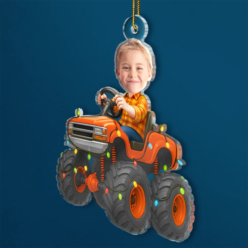 Custom Photo Face Kid Riding Monster Truck - Personalized Acrylic Photo Ornament - Image 3