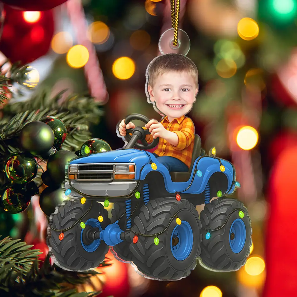 Custom Photo Face Kid Riding Monster Truck - Personalized Acrylic Photo Ornament - Image 5