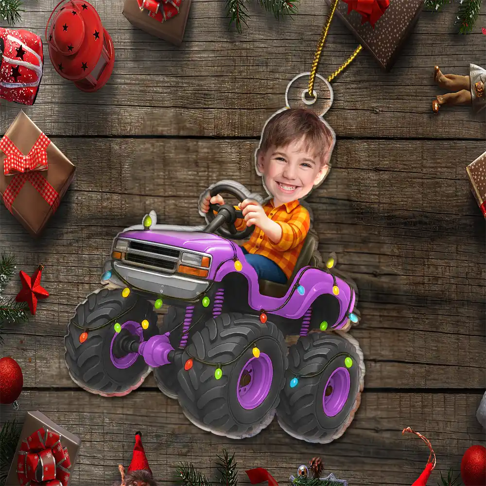 Custom Photo Face Kid Riding Monster Truck - Personalized Acrylic Photo Ornament - Image 6