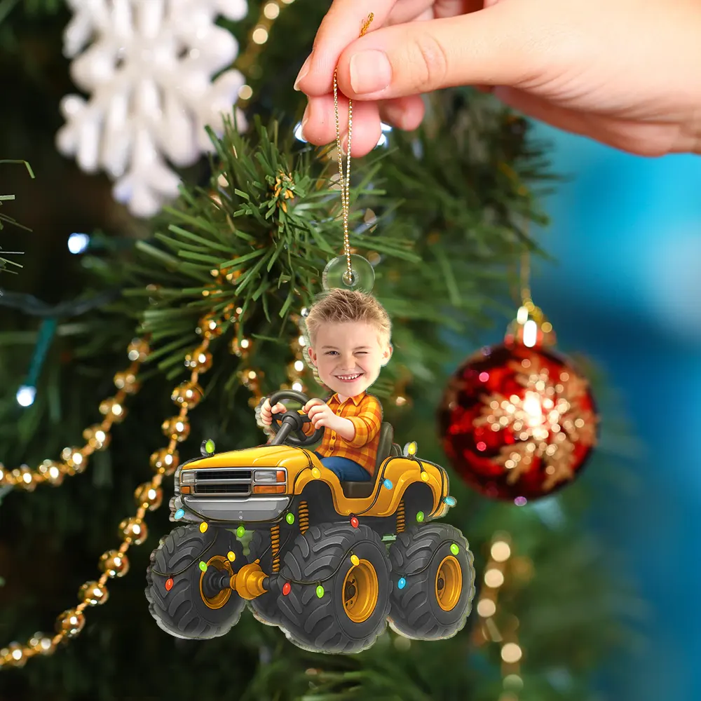 Custom Photo Face Kid Riding Monster Truck - Personalized Acrylic Photo Ornament - Image 7
