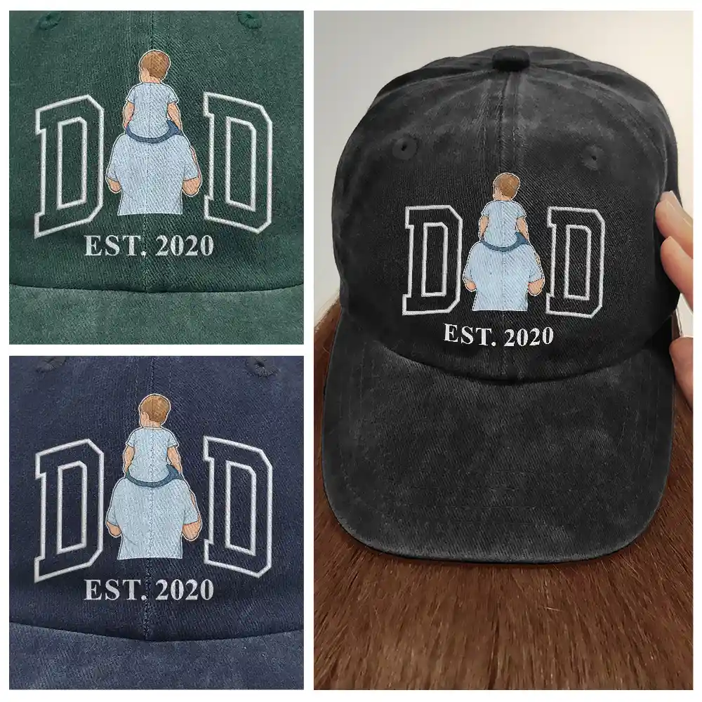 Custom Photo Faceless Portrait Mom Dad Est. Embroidery Effect - Personalized Vintage Washed Denim Cap - Image 5