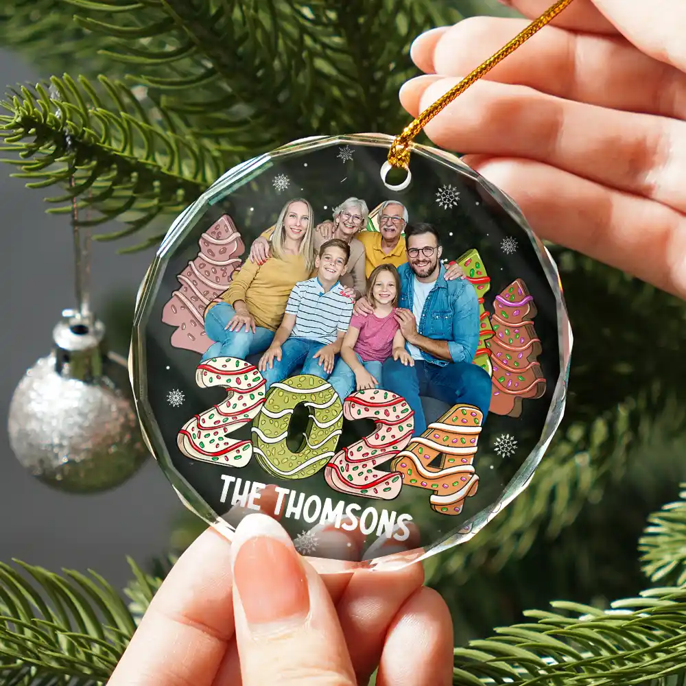 Custom Photo Family 2024 Cake, Cookie Trees Christmas - Personalized Circle Glass Ornament - Image 3