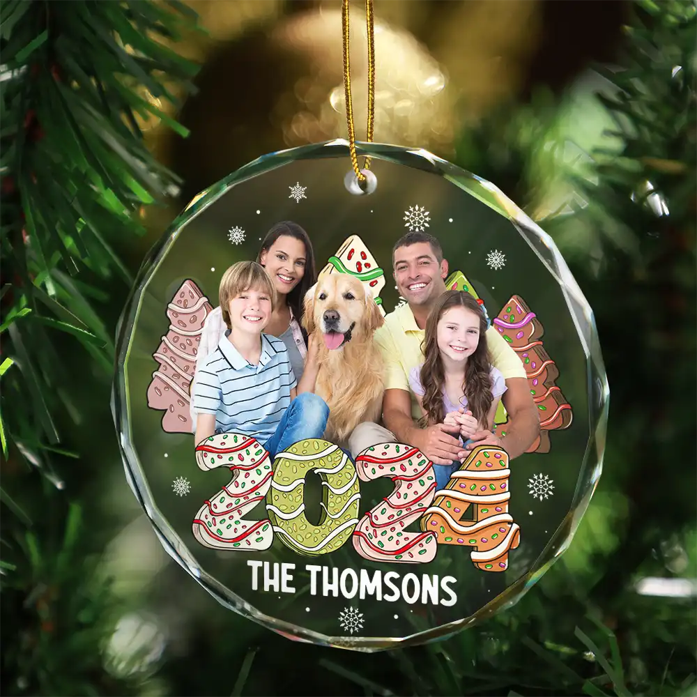 Custom Photo Family 2024 Cake, Cookie Trees Christmas - Personalized Circle Glass Ornament - Image 4