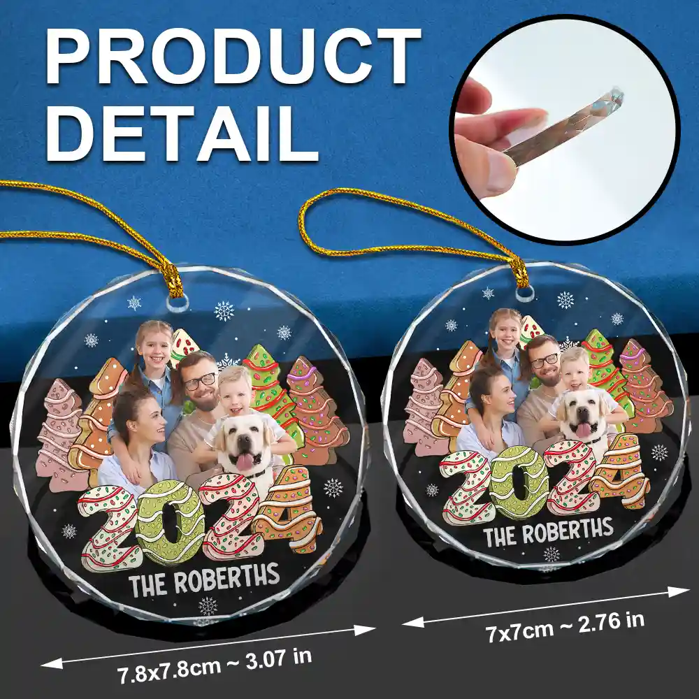 Custom Photo Family 2024 Cake, Cookie Trees Christmas - Personalized Circle Glass Ornament - Image 7