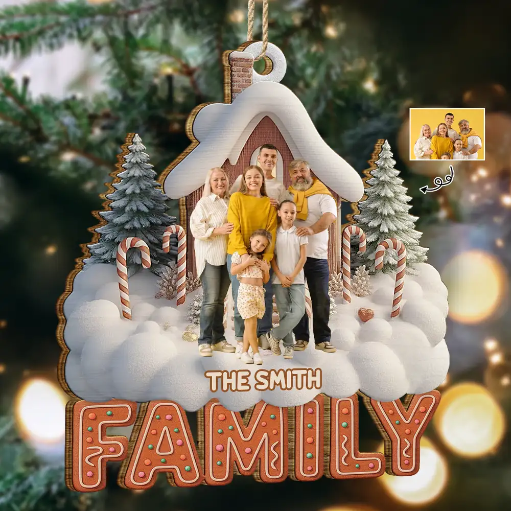 Custom Photo Family Christmas House - Personalized Custom Shaped Wooden Ornament - Image 2