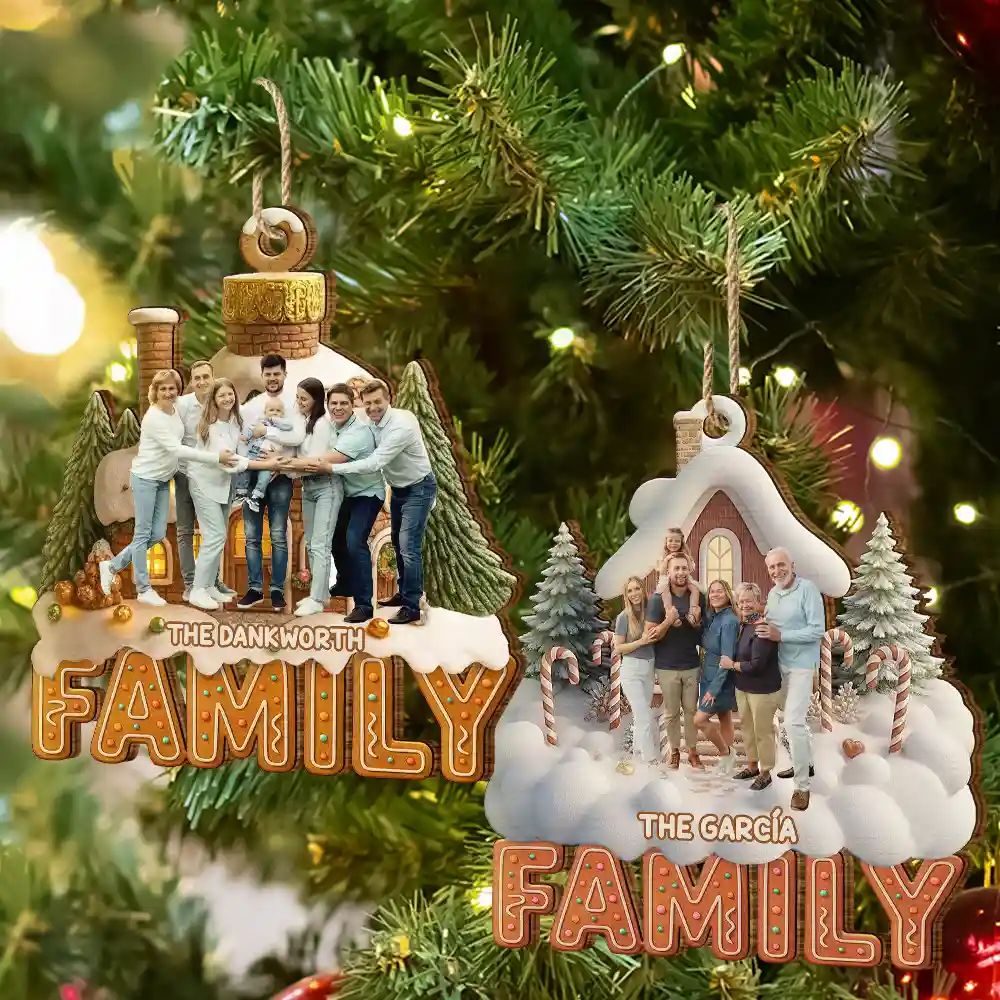 Custom Photo Family Christmas House - Personalized Custom Shaped Wooden Ornament - Image 8