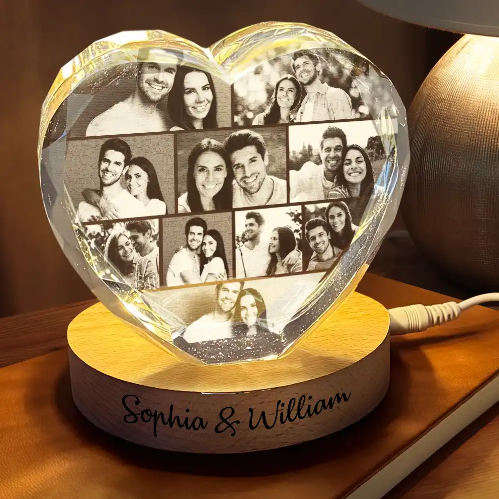 Custom Photo Family Couple Bestie Pet - Personalized Crystal Heart Shaped Lamp - Image 2
