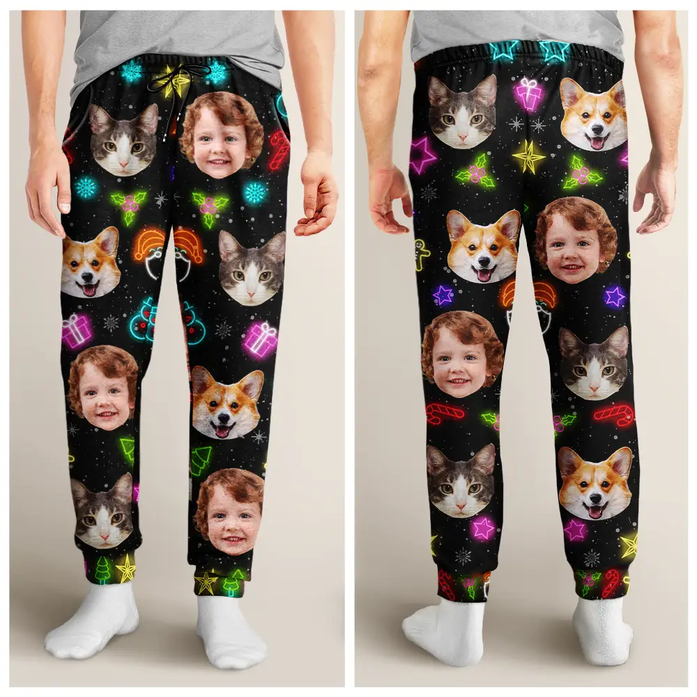 Custom Photo Family Face Neon Style Light It Up - Personalized Pajama Pants - Image 5