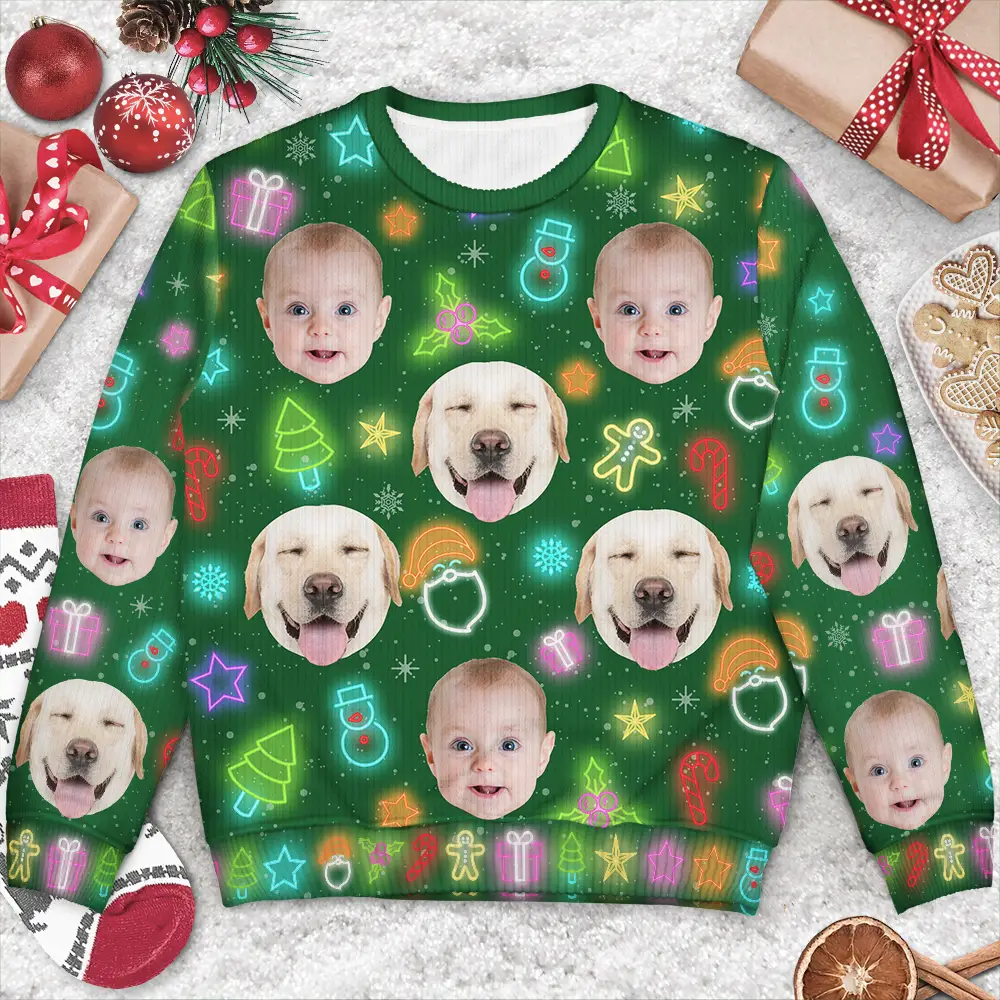 Custom Photo Family Face Neon Style Light It Up - Personalized Unisex Ugly Sweater - Image 4