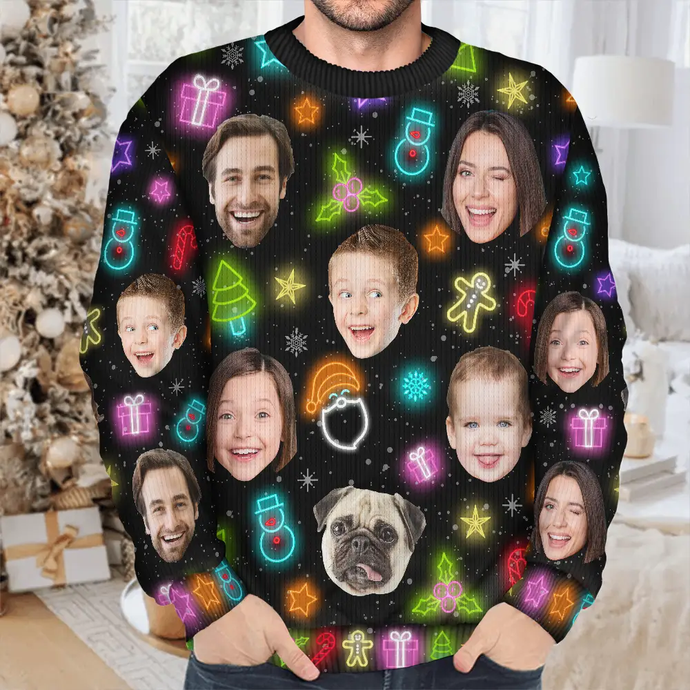 Custom Photo Family Face Neon Style Light It Up - Personalized Unisex Ugly Sweater - Image 5